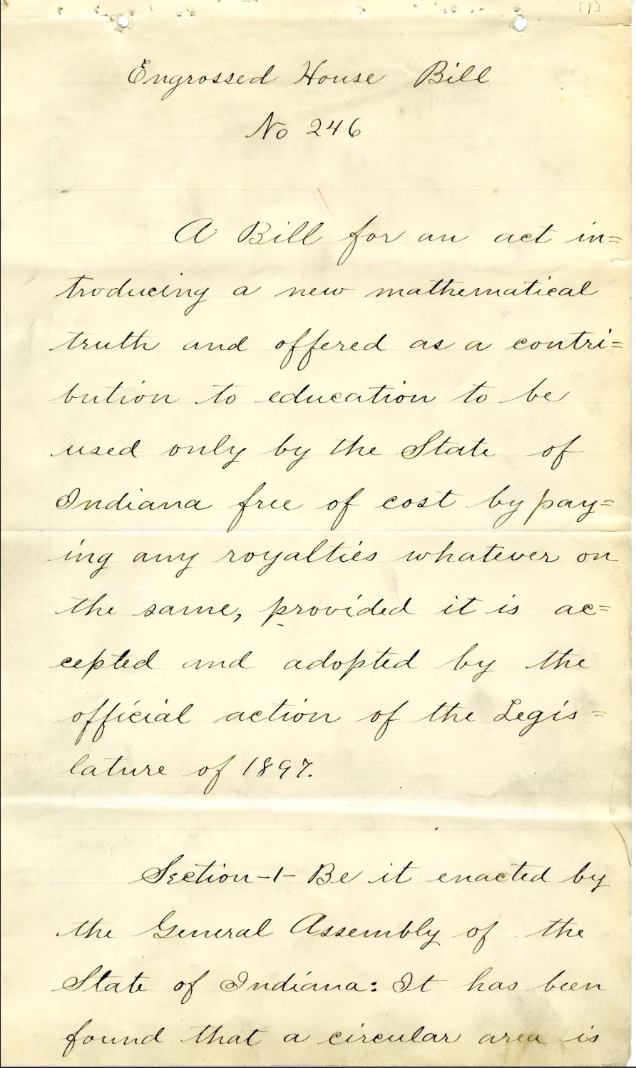 The Pi Bill as written by Dr. Goodwin — manuscript page