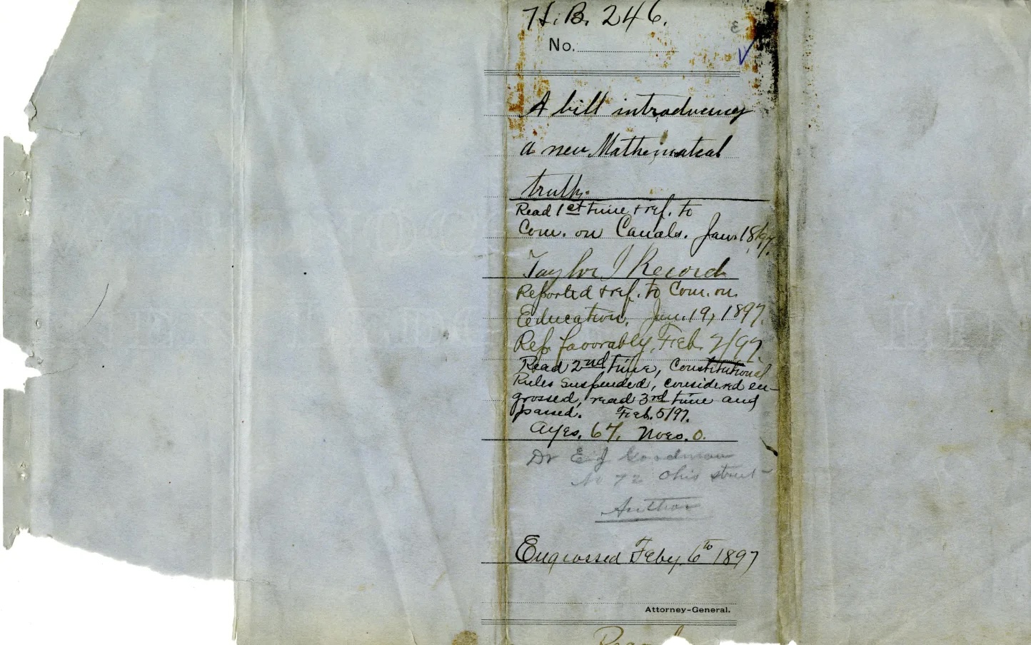 Cover sheet to the Indiana General Assembly file for the Pi Bill